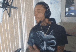 a man wearing headphones and a shirt with a dolphin on it is singing into a microphone