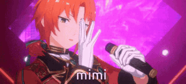 a boy with orange hair is holding a microphone in his hand .