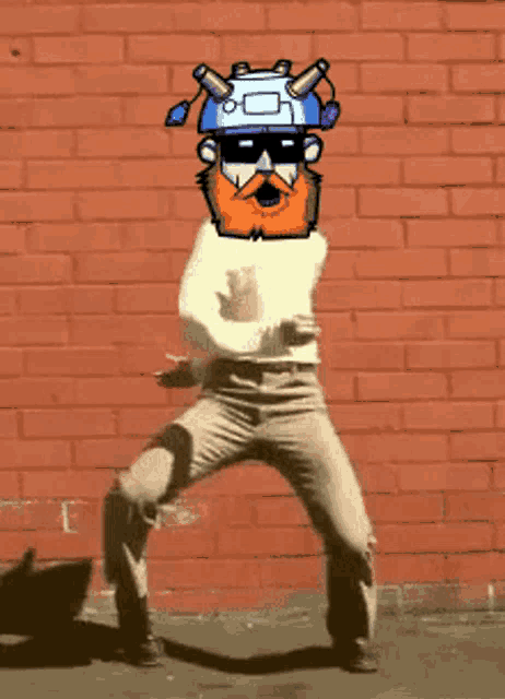 a cartoon character with a beard and a helmet on his head is dancing in front of a brick wall
