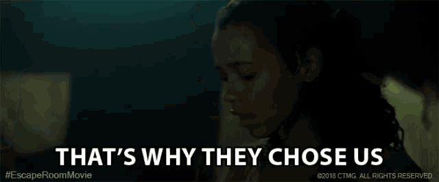 a woman is saying that 's why they chose us in a movie scene .
