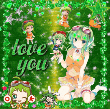 a picture of a girl with green hair and the words love you on it