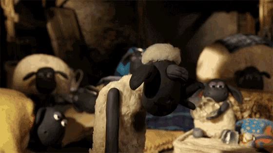a bunch of stuffed sheep are laying on a bed .