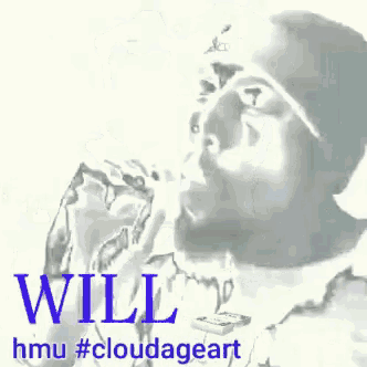 a black and white photo of a man with the word will written on it