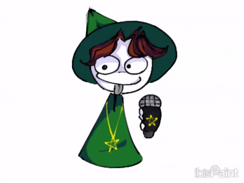 a cartoon character is wearing a green hat and holding a black object