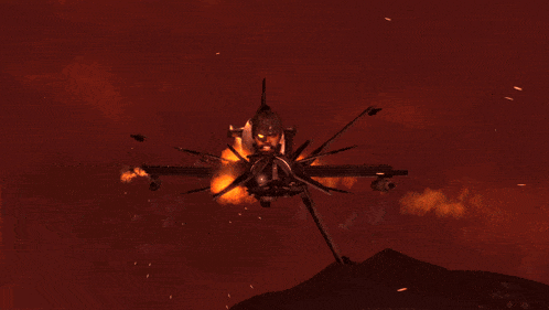 a robot is flying through the air in front of a fire