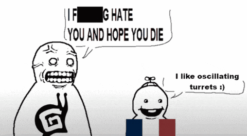 a cartoon of a man saying " if g hate you and hope you die i like oscillating turrets "