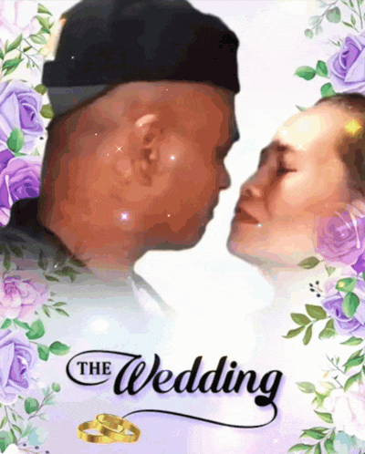 a man and a woman are kissing in front of purple flowers and the words the wedding