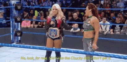 two women are standing in a wrestling ring talking to each other