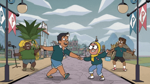 a group of cartoon characters are dancing on a street with a banner that says pp