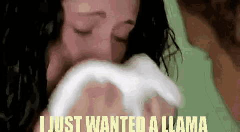 a woman is holding a white cloth in her mouth and the words `` i just wanted a llama '' are visible .