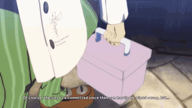 a person holding a box that says of course the sins i ve committed since then can hardly be wiped away