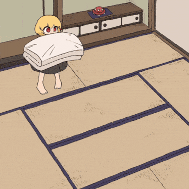 a cartoon of a girl standing on a mattress on the floor
