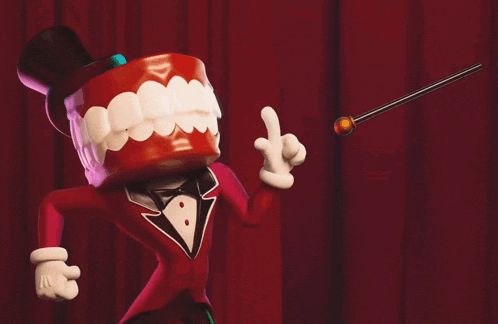 a cartoon character wearing a top hat and a tuxedo is pointing at something