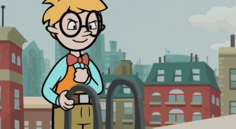 a cartoon character with glasses and a bow tie is standing in front of a city