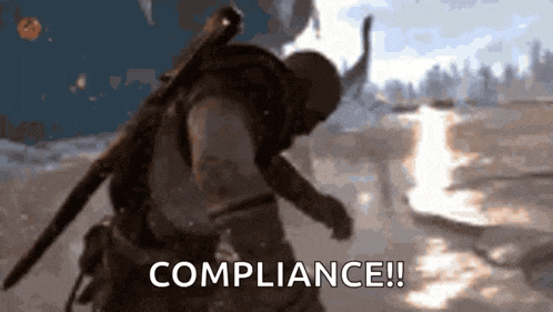 a video game character with horns and a sword says compliance .