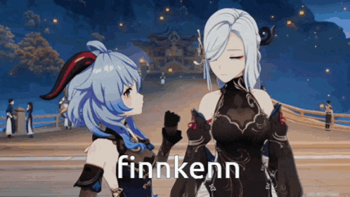 two anime girls are standing next to each other and the word finnkenn is on the bottom