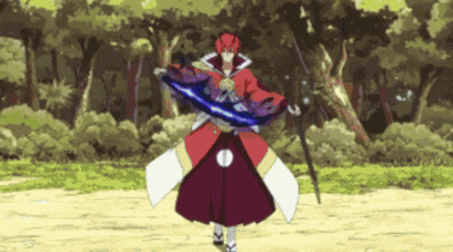a man in a red and white kimono is holding a sword and a bow .