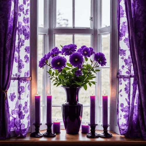 purple flowers in a vase next to purple candles