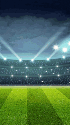 a soccer field with a stadium in the background and a lot of lights