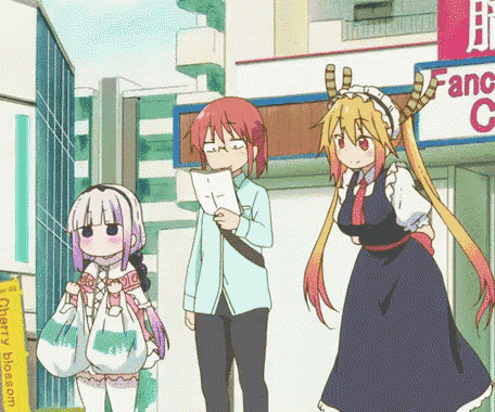 a group of anime characters are standing in front of a store that says fang cafe