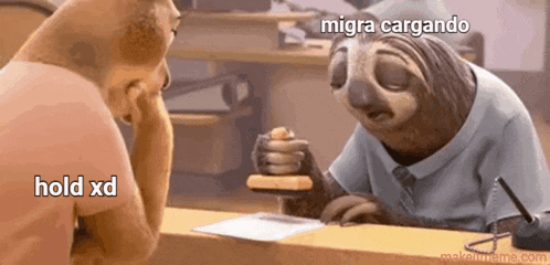 a man and a sloth are talking to each other while a sloth is stamping a piece of paper .