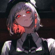 a girl with red eyes and a black hat