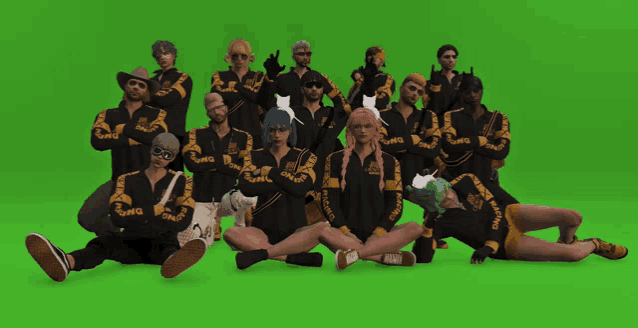 a group of people are posing for a picture and one of them has the word dmg on their shirt