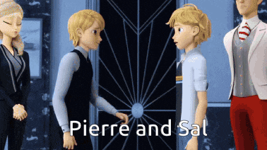 two cartoon characters pierre and sal are standing next to each other in front of a door .