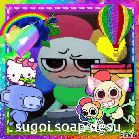 a collage of cartoon characters with the words " sugoi soap desu " on the bottom