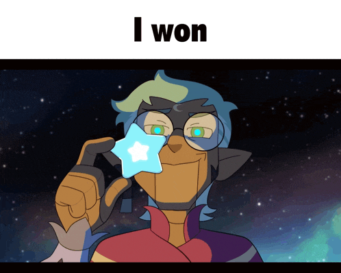 a cartoon character holding a blue star with the words i won below it