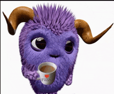 a purple furry creature with horns is holding a mug that says fuzz
