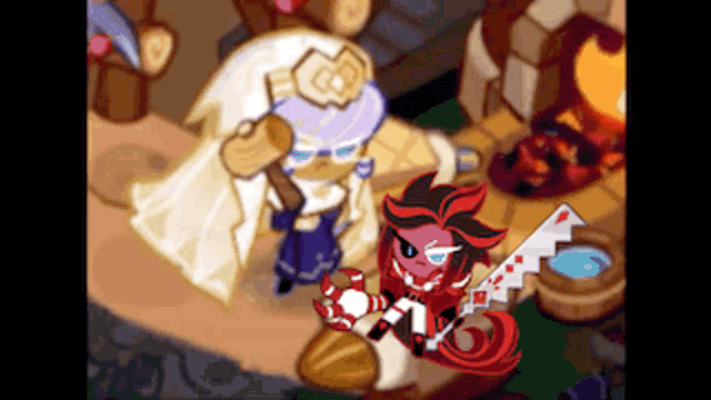 a couple of cartoon characters standing next to each other one of which is holding a candy cane