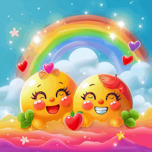 a couple of smiley faces with hearts on their heads and a rainbow in the background