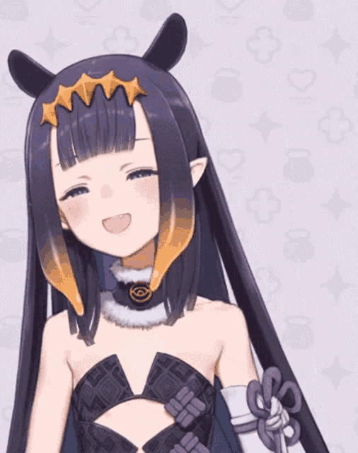 a girl with long black hair and horns is smiling with her eyes closed
