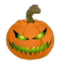 a halloween pumpkin with green eyes and a spider on top of it