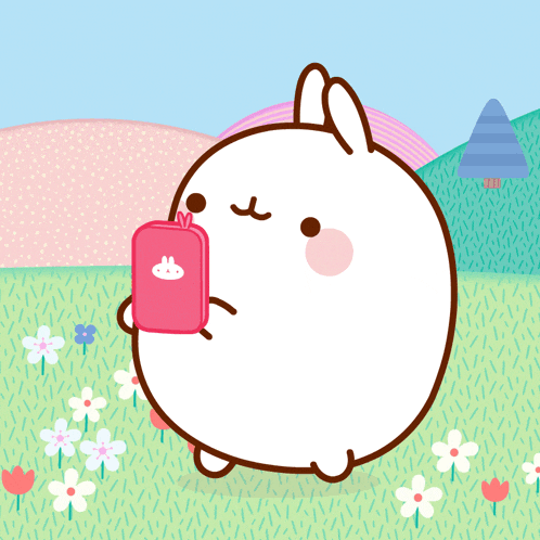 a cartoon of a bunny holding a pink bag with a bunny on it