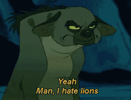 a cartoon of a hyena with the words yeah man i hate lions