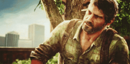 a man with a beard and a backpack is standing next to a tree in a video game .