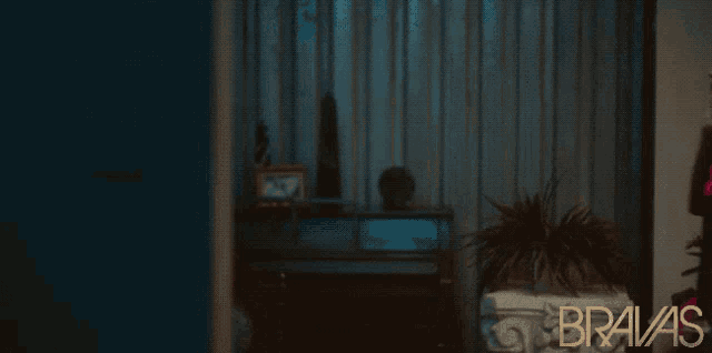 a woman in a room with the word bravas on the bottom right