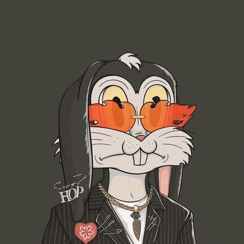 a cartoon of a rabbit drinking a glass of wine with the word hop on the bottom