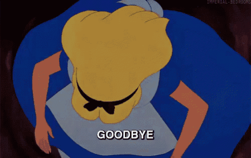 alice from alice in wonderland says goodbye in a cartoon
