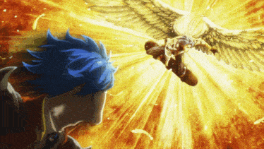 a person with blue hair is looking at a person with angel wings