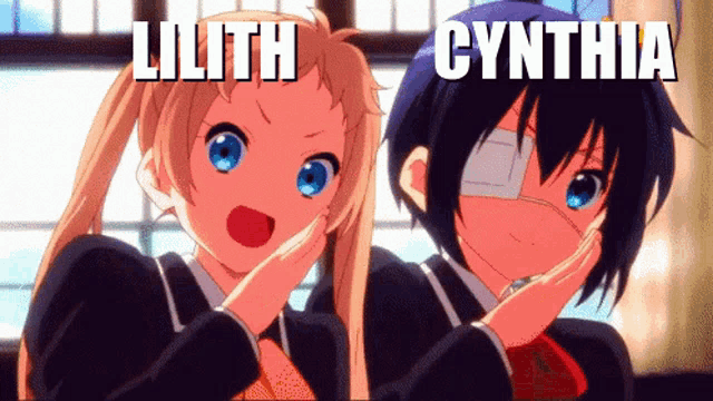 a couple of anime characters with the names lilith and cynthia on them