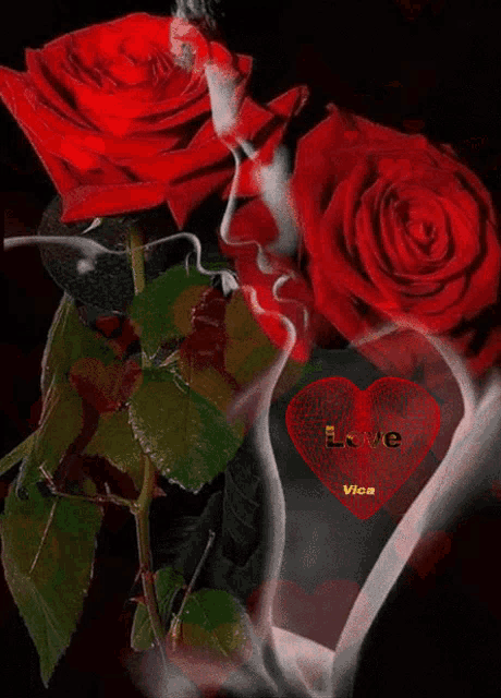 a picture of red roses with a heart that says love