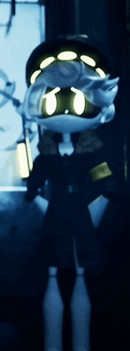 a cartoon character is standing in a dark room with a light on his head