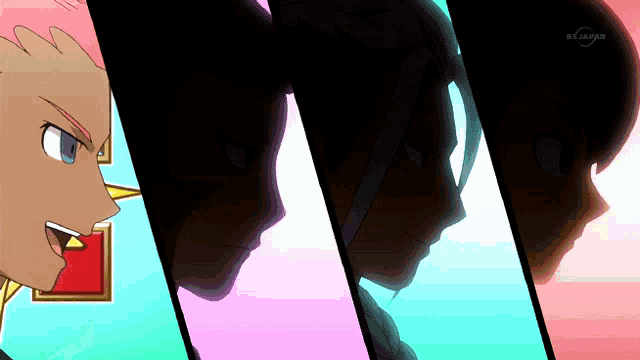 a tv screen shows three anime characters and says bs japan on the bottom right