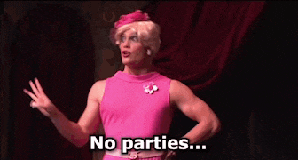 a woman in a pink dress is standing in front of a group of girls and says no parties ...