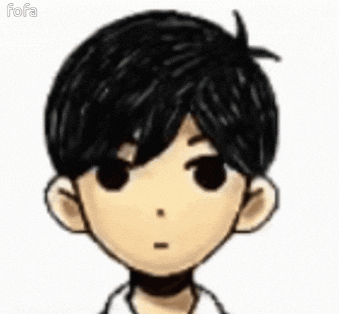 a close up of a cartoon character with black hair and a white shirt .