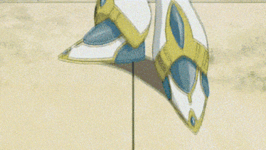 a cartoon character is standing in a circle with a shield and a sword .