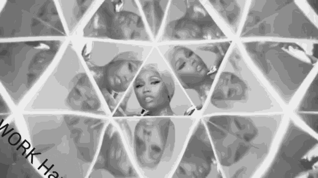 a black and white photo of a woman surrounded by triangles with the words work hard written on the bottom